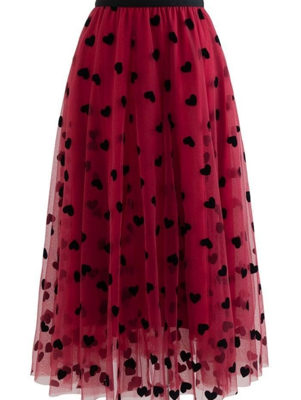 & Other Stories Red Tulle Skirt with Black Heart Motif